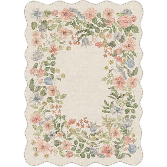 PureCozy Bloom Wreath Modern Floral Beige Washable Area Rug 