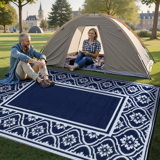 Lantern Frame Modern Geometric Blue White Outdoor Rug