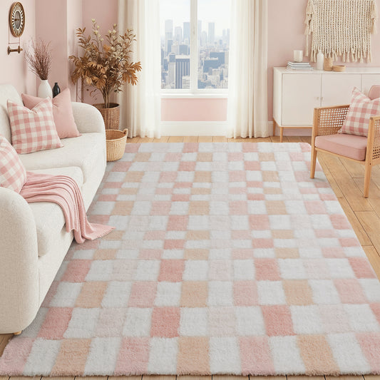 Mosaic Checkered Pink Shag Washable Rug