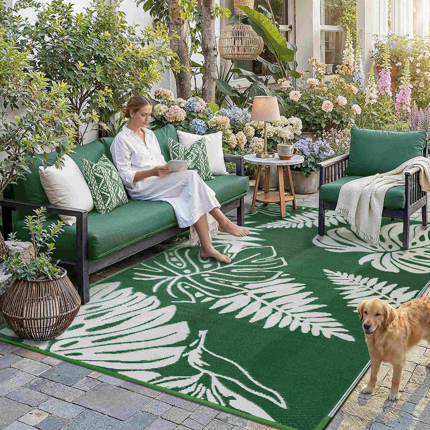 Monstera Leaf Modern Floral Green White Outdoor Rug – PureCozy