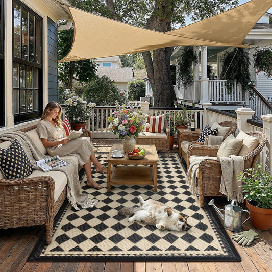 Checkerboard Modern Geometric Black Brown Outdoor Rug