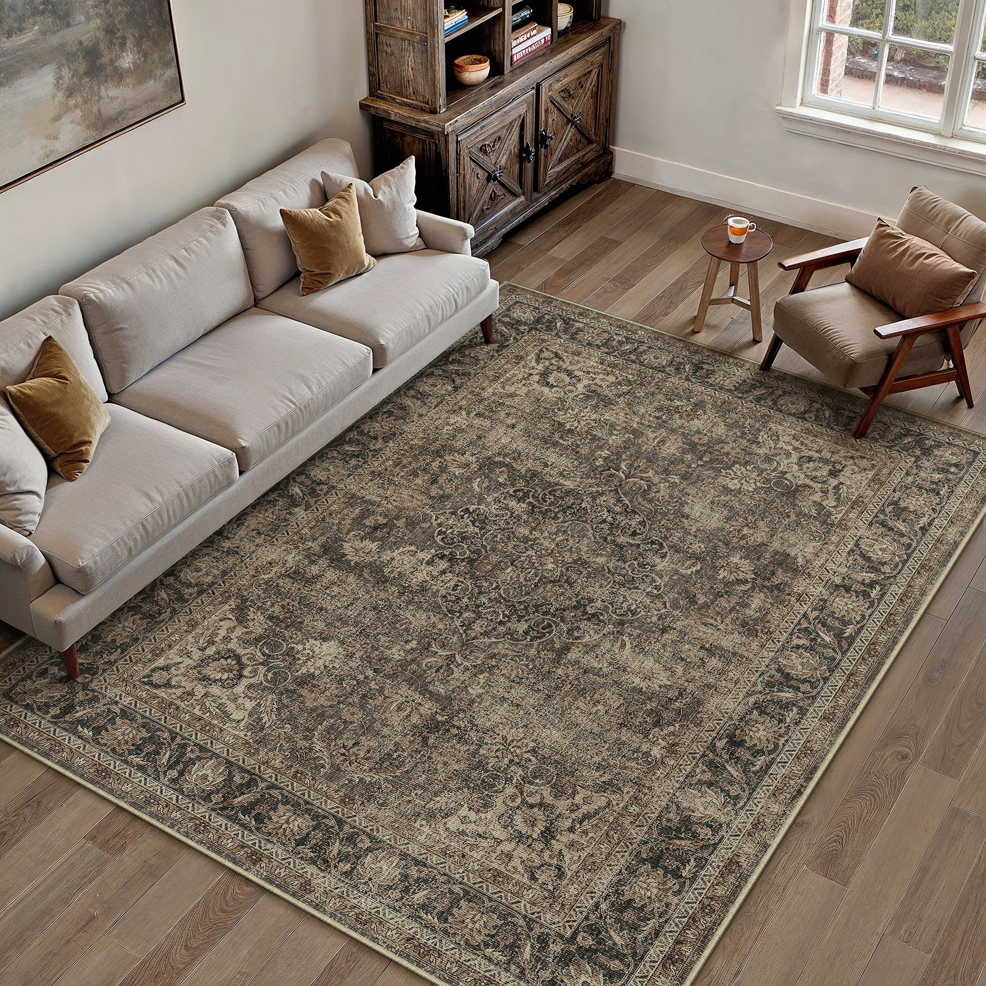 Aria Vintage Floral Brown Traditional Machine Washable Area Rug