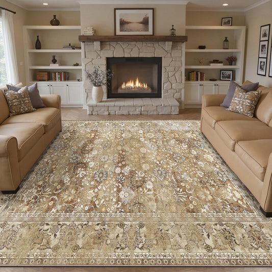 Thorned Garden Persian Vintage Brown Traditional Washable Rug