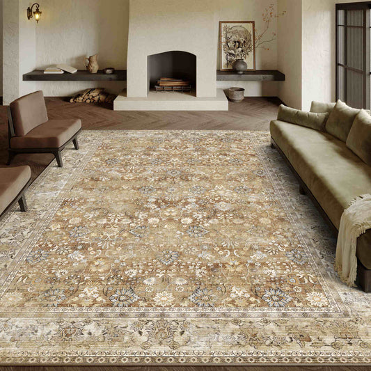 PureCozy Thorned Garden Persian Vintage Beige Traditional Washable Rug 9x12