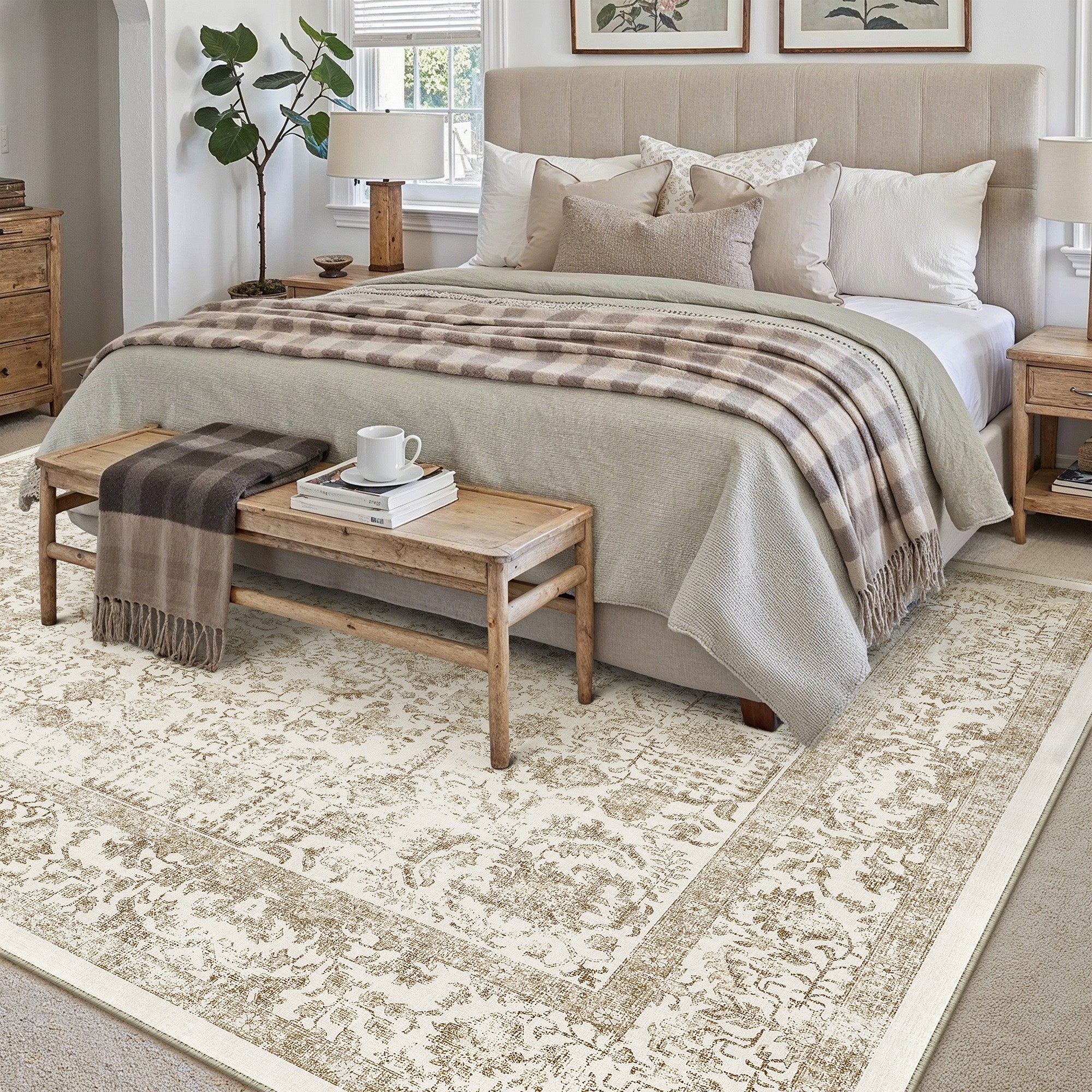 Sylva Vintage Persian Floral Light Brown Distressed Washable Rug