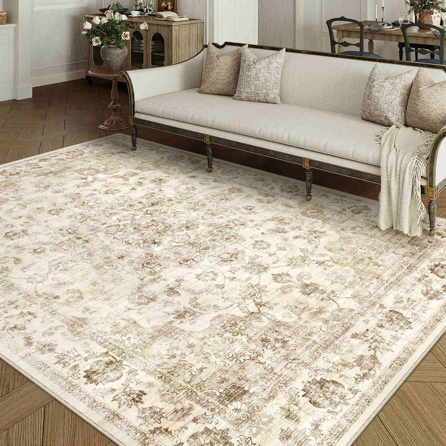 Juliet Vintage Floral Beige Short Pile Traditional Washable Rug