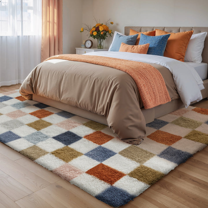 Checkered Colorful Shag Washable Area Rug
