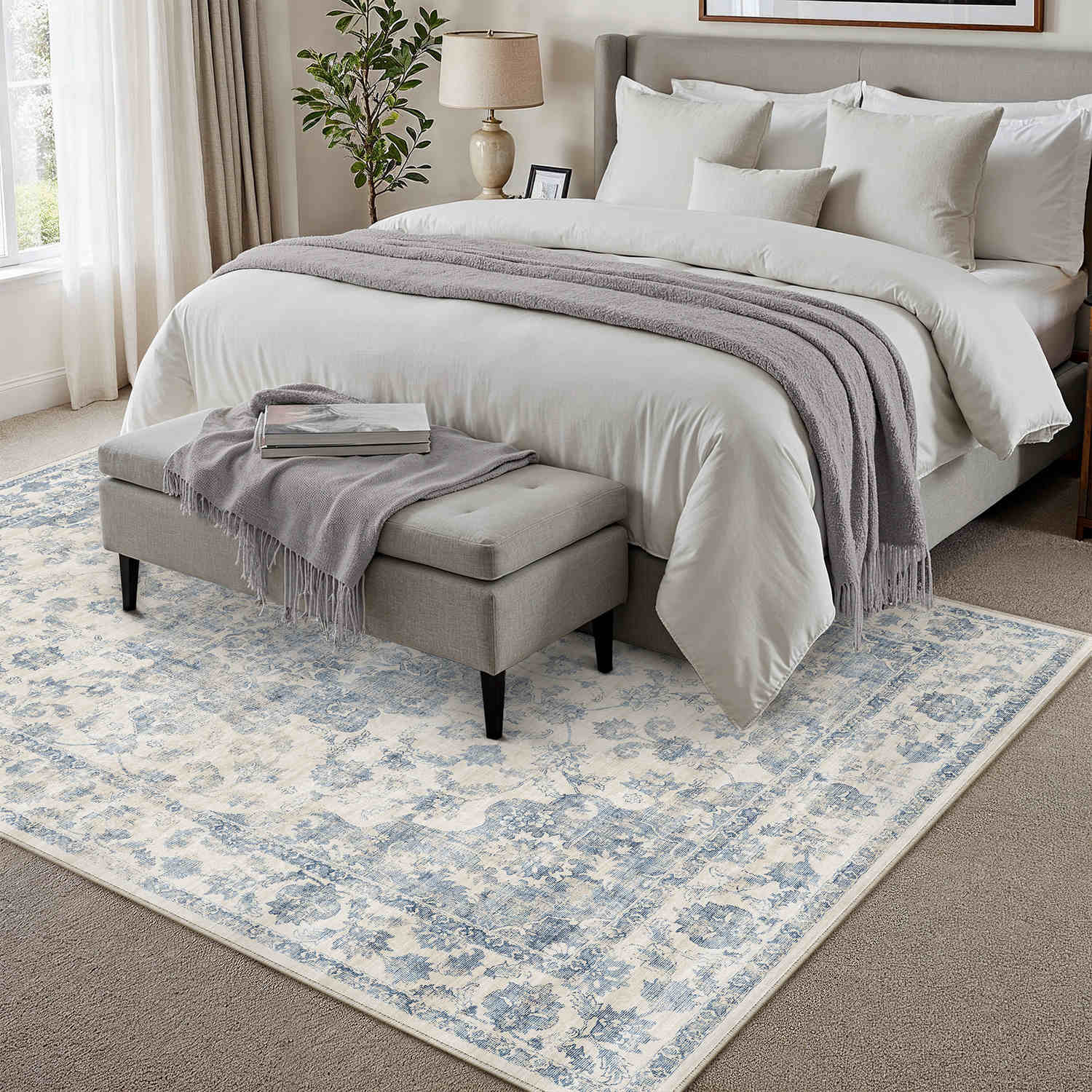 Juliet Vintage Floral Blue Short Pile Traditional Washable Rug