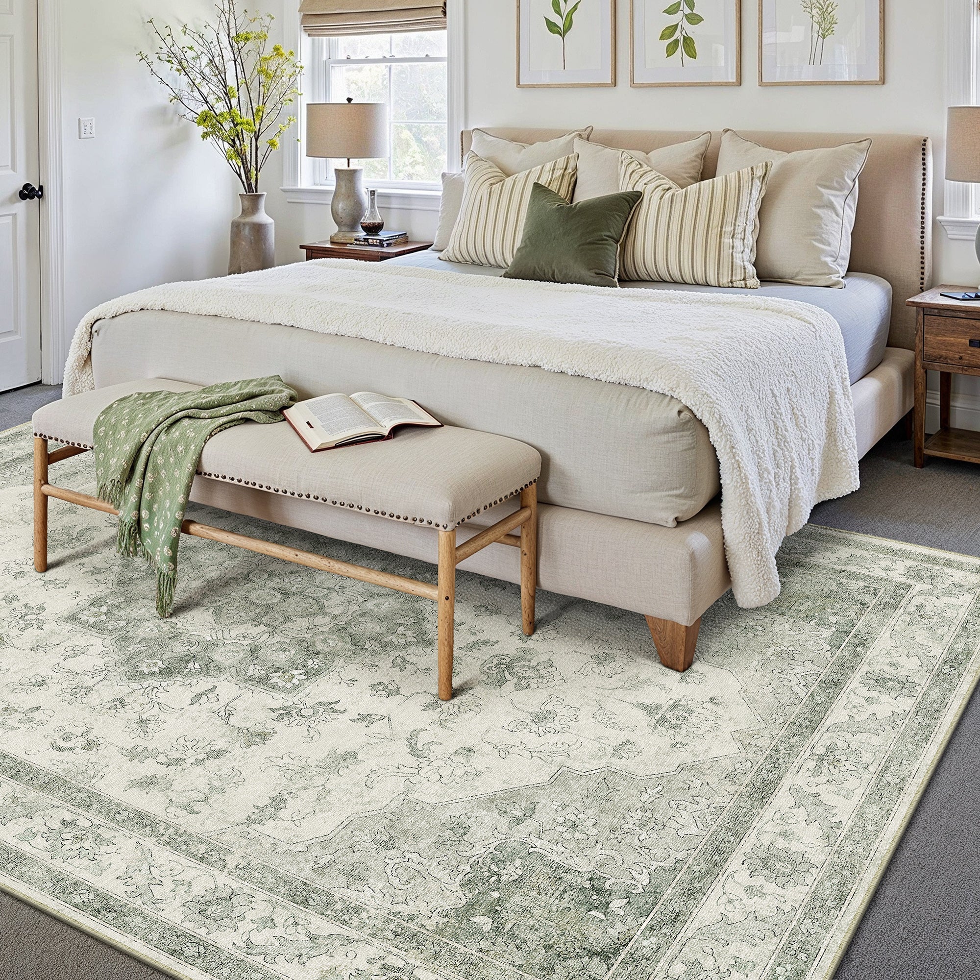 Sunburst Vintage Floral Green Traditional Machine Washable Area
