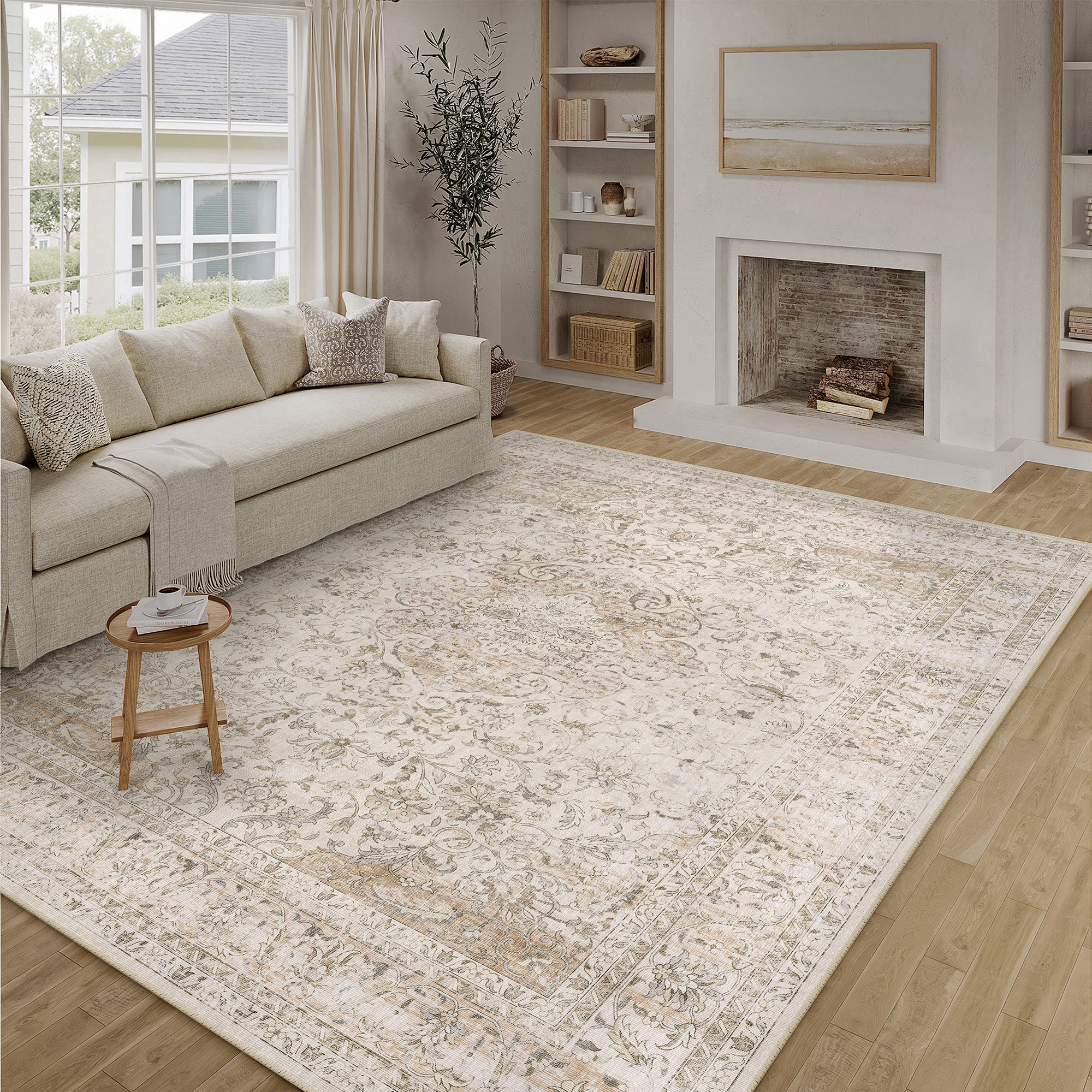 Aria Vintage Floral Beige Traditional Machine Washable Area Rug