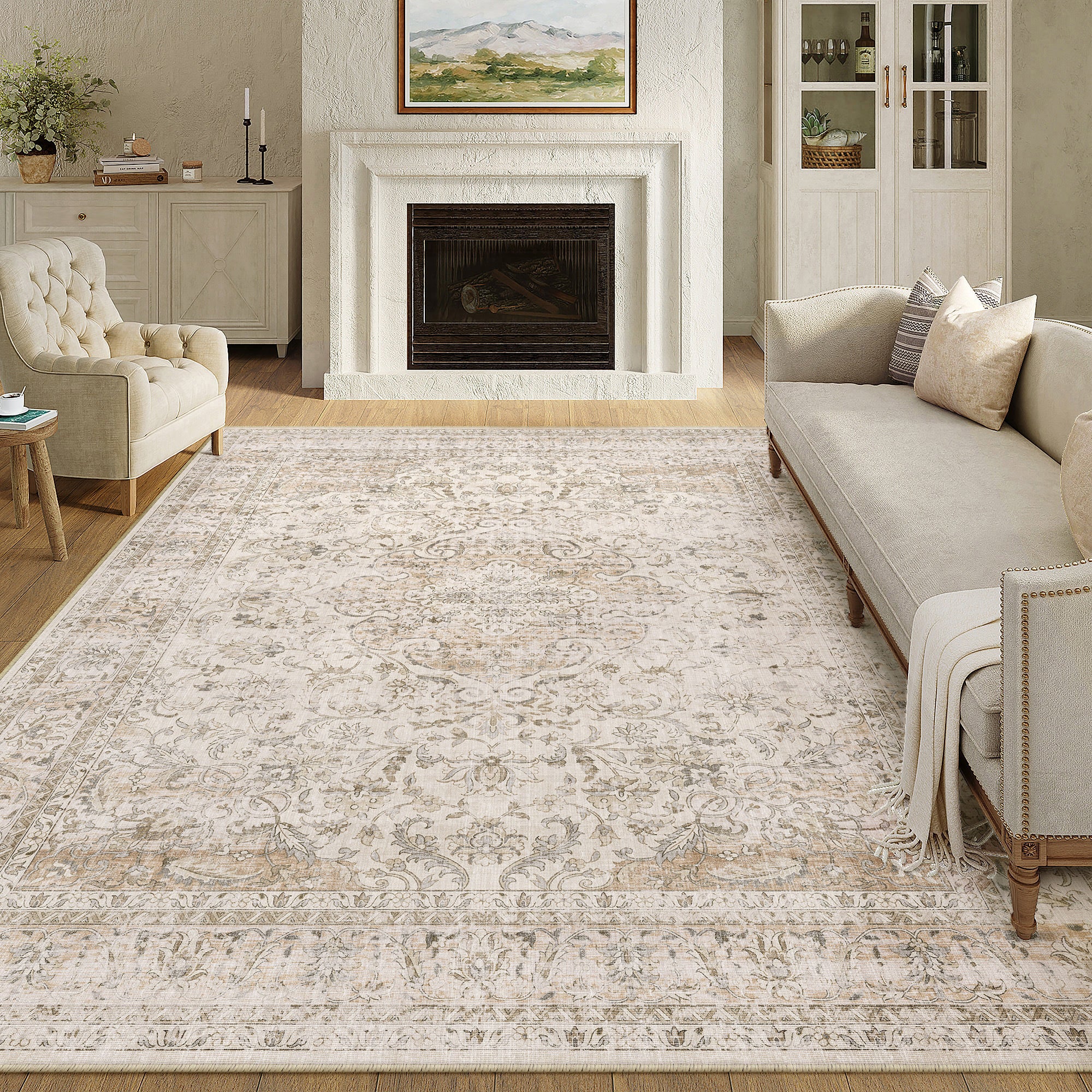 Aria Vintage Floral Beige Traditional Machine Washable Area Rug