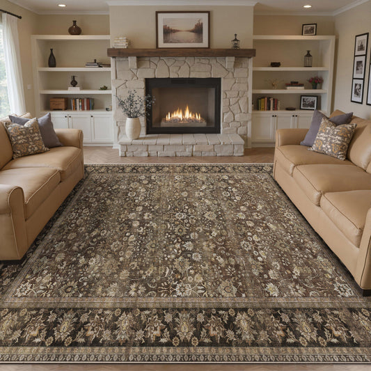 Thorned Garden Persian Vintage Brown Short Pile Traditional Washable Rug