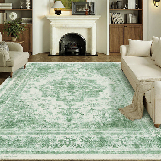 Nourah Vintage Persian Medallion Green Distressed Washable Rug