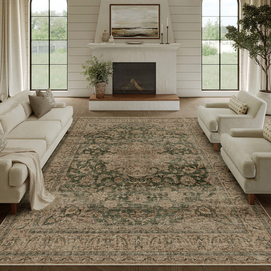 Aria Vintage Floral Green Traditional Machine Washable Area Rug