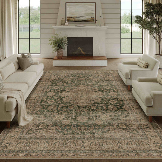 PureCozy Aria Vintage Floral Green Traditional Machine Washable Area Rug 9x12