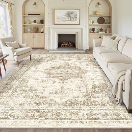 Ethereal Vintage Persian Medallion Taupe Distressed Traditional Washable Rug