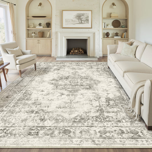 Ethereal Vintage Persian Medallion Gray Distressed Traditional Washable Rug