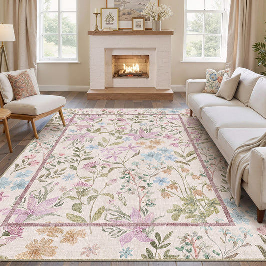 Pink Romance Modern Floral Pink Washable Area Rug