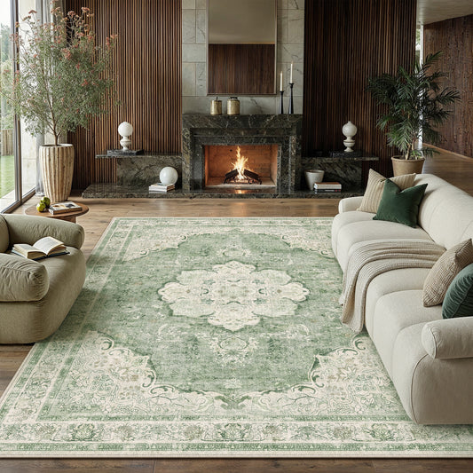 Meadow Sunburst Persian Vintage Green Machine Washable Area Rug