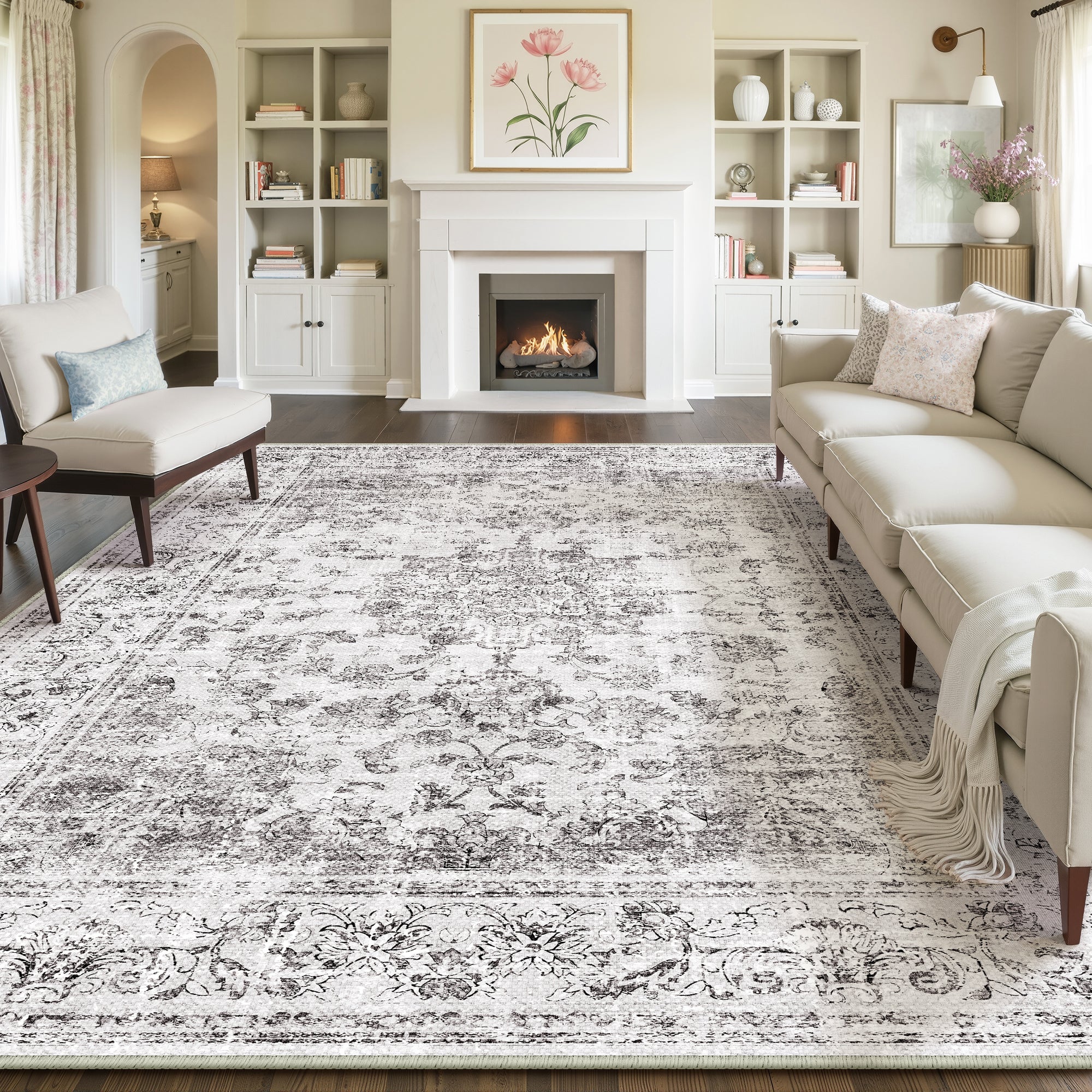 Velora Vintage Floral Gray Traditional Washable Rug – PureCozy