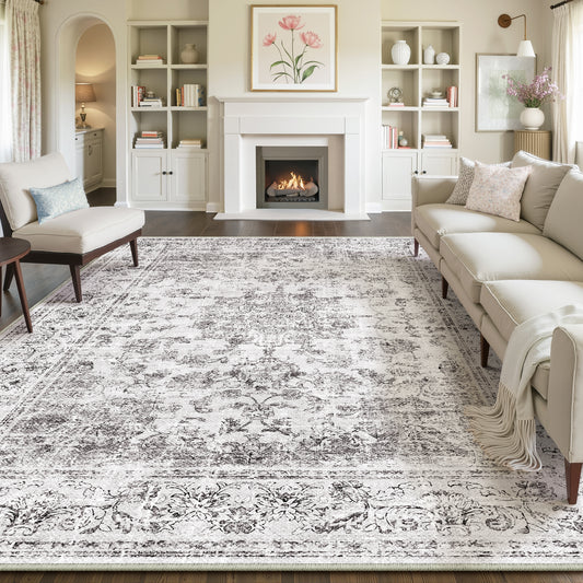 Velora Vintage Floral Gray Traditional Washable Rug