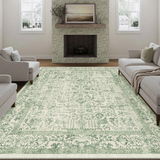 Sylva Vintage Persian Floral Green Distressed Washable Rug