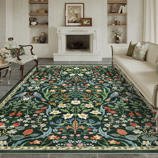 Blooming Garden Modern Floral Green Washable Area Rug