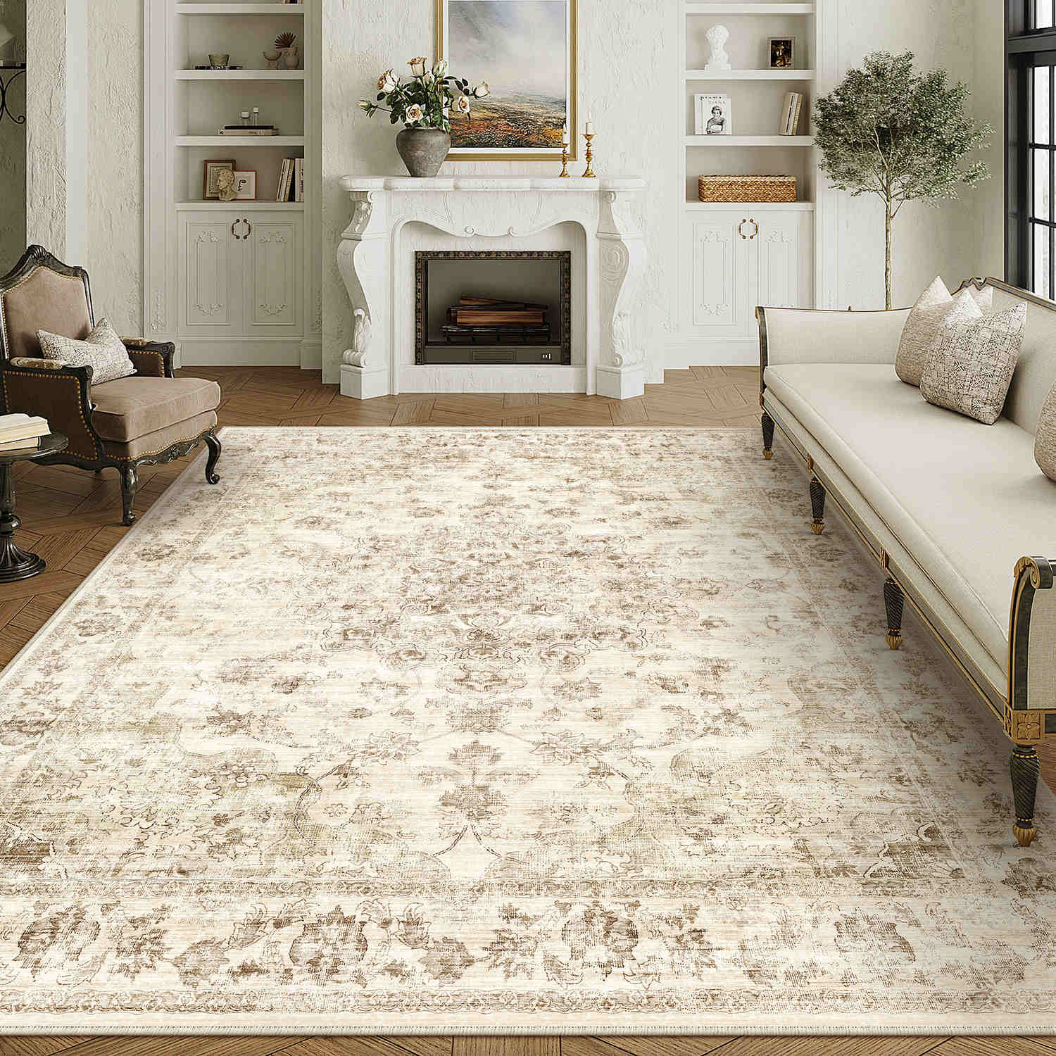 Juliet Vintage Floral Beige Short Pile Traditional Washable Rug