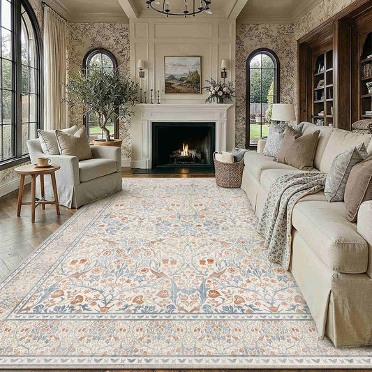 PureCozy Florentine Garden Vintage Floral Beige Machine Washable Area Rug 9x12