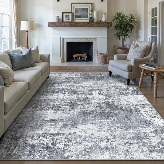 Misty Modern Abstract Blue Machine Washable Rug