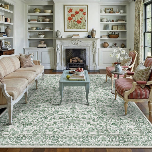 Forest Vintage Floral Green Short Pile Traditional Washable Rug