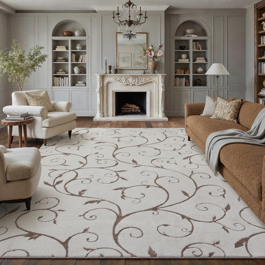 Vine Modern Floral Beige Shag Machine Washable Rug