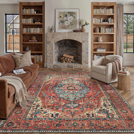 PureCozy Gulara Vintage Persian Medallion Red Machine Washable Chenille Rug 9x12