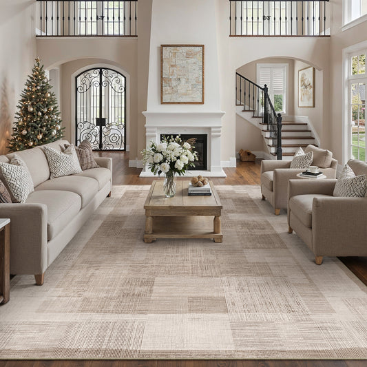 Poetic Modern Grid Pattern Brown Washable Area Rug