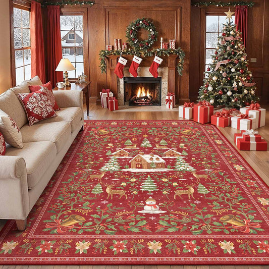 Christmas Village Red Washable Rug