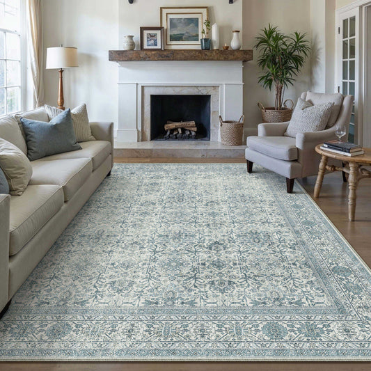 Selma Persian Vintage Blue Short Pile Distressed Washable Rug