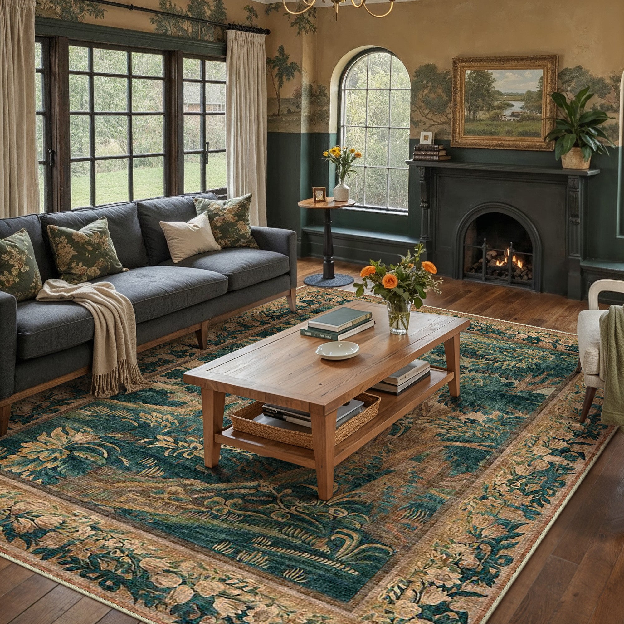 Woodland Antique Painting Colorful Traditional Washable Rug – PureCozy