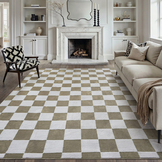 Prague Checkered Brown White Shag Washable Rug