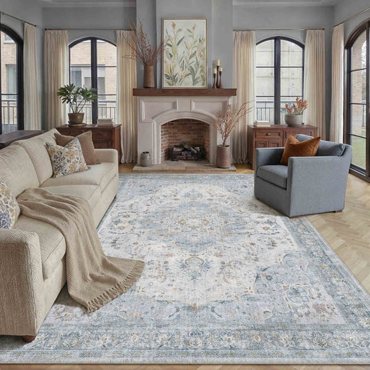 PureCozy Meadow Sunburst Persian Vintage Blue Machine Washable Area Rug 9x12