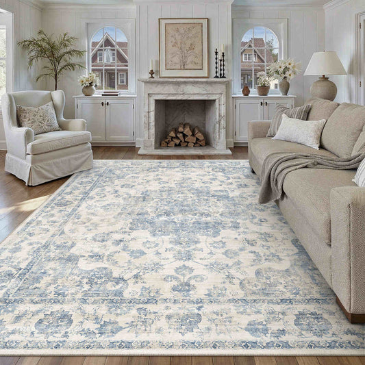 PureCozy Juliet Vintage Floral Blue Short Pile Traditional Washable Rug 9x12