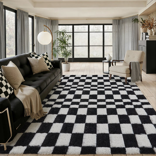 Mosaic Checkered Black White Shag Washable Rug