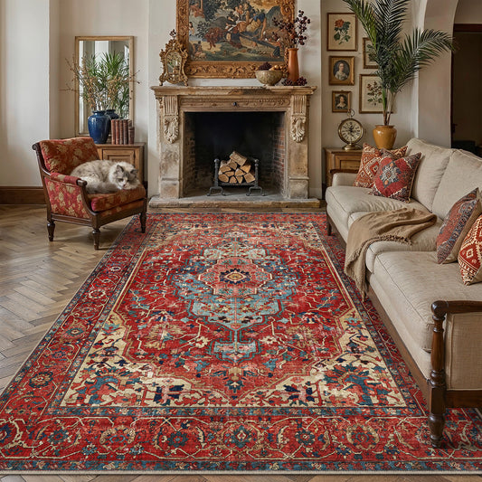 Nicola Vintage Persian Medallion Red Short Pile Washable Rug