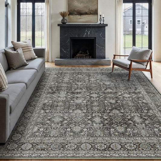 Selma Persian Vintage Black Short Pile Distressed Washable Rug