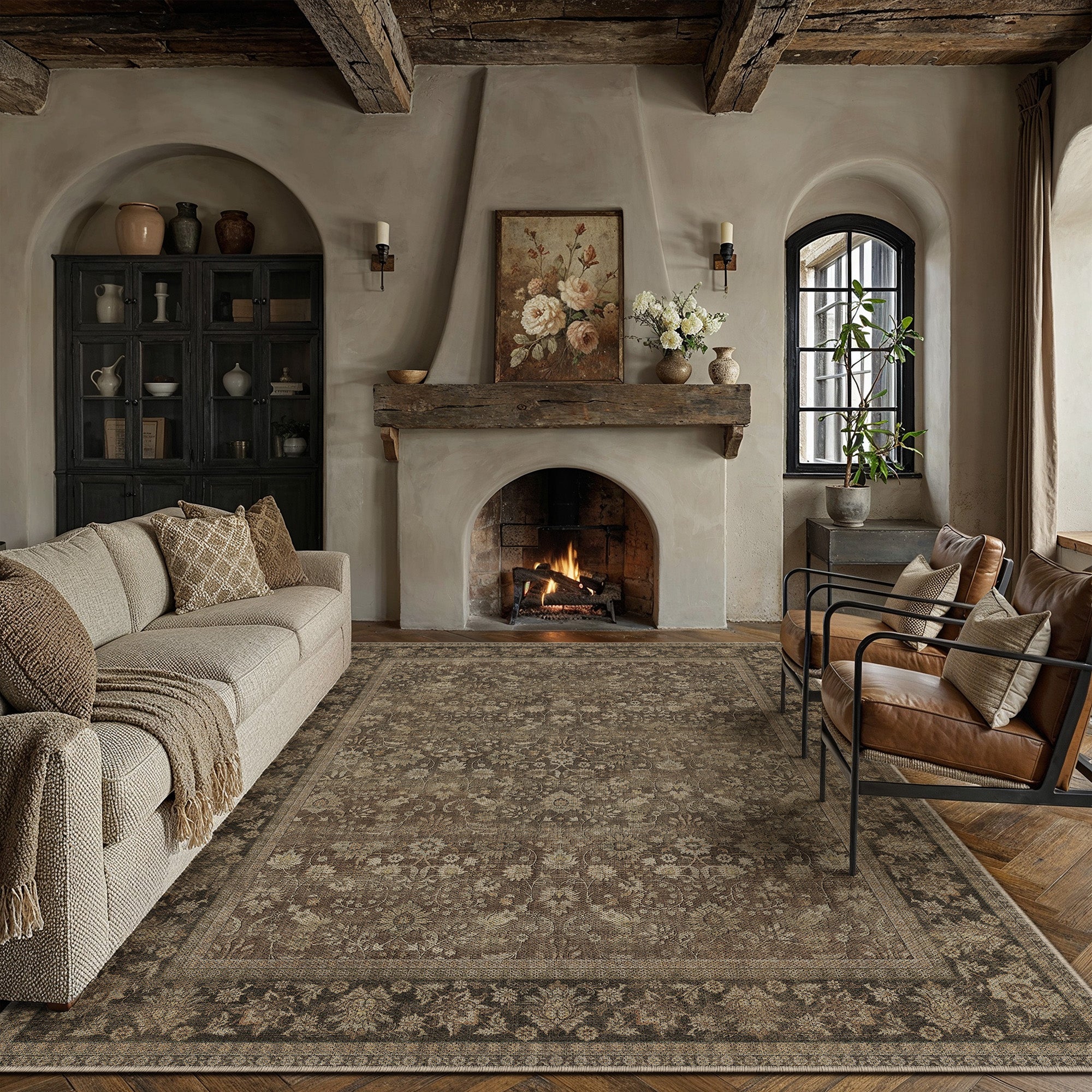 Thorned Garden Persian Vintage Brown Traditional Washable Rug