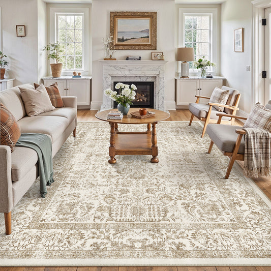 Sylva Vintage Persian Floral Light Brown Distressed Washable Rug