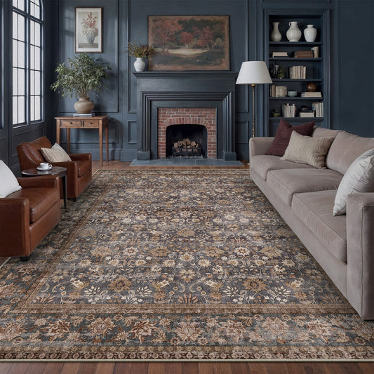 Thorned Garden Persian Vintage Blue Brown Traditional Washable Rug