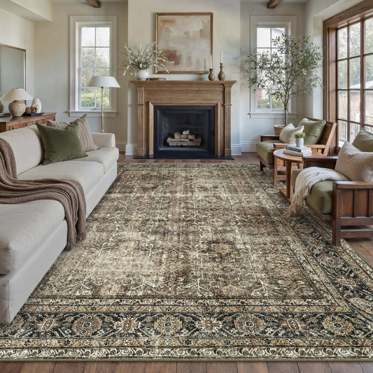 Selma Persian Vintage Brown Short Pile Distressed Washable Rug