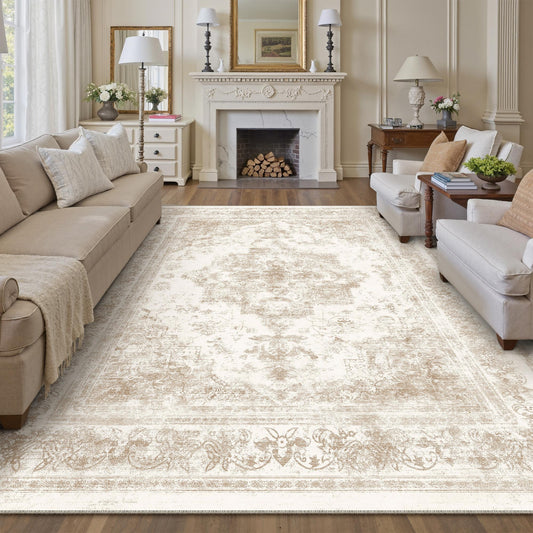 Nourah Vintage Persian Medallion Beige Distressed Washable Rug