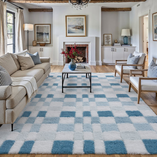 Mosaic Checkered Blue Shag Washable Rug