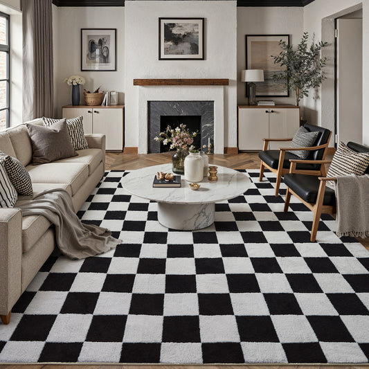Prague Checkered Black White Shag Washable Rug